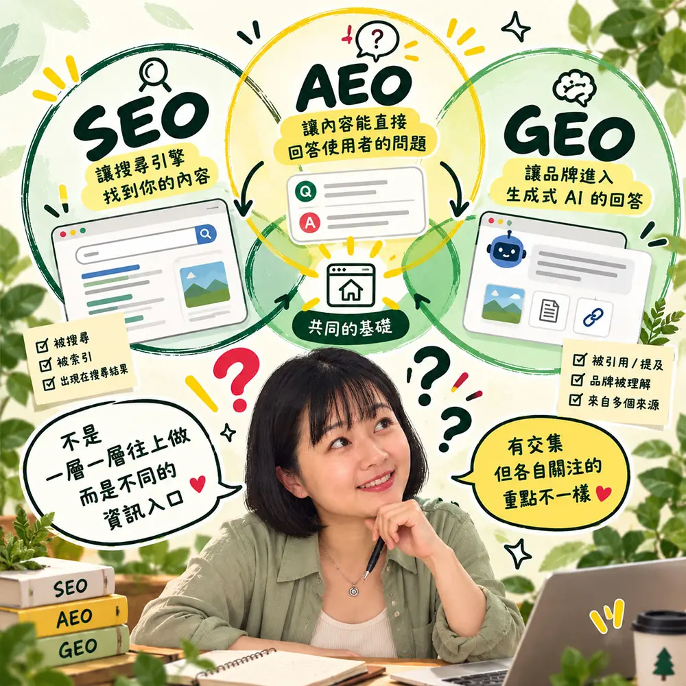 SEO還是GEO？草野嘉圖解SEO、AEO與GEO的差異及共同基礎