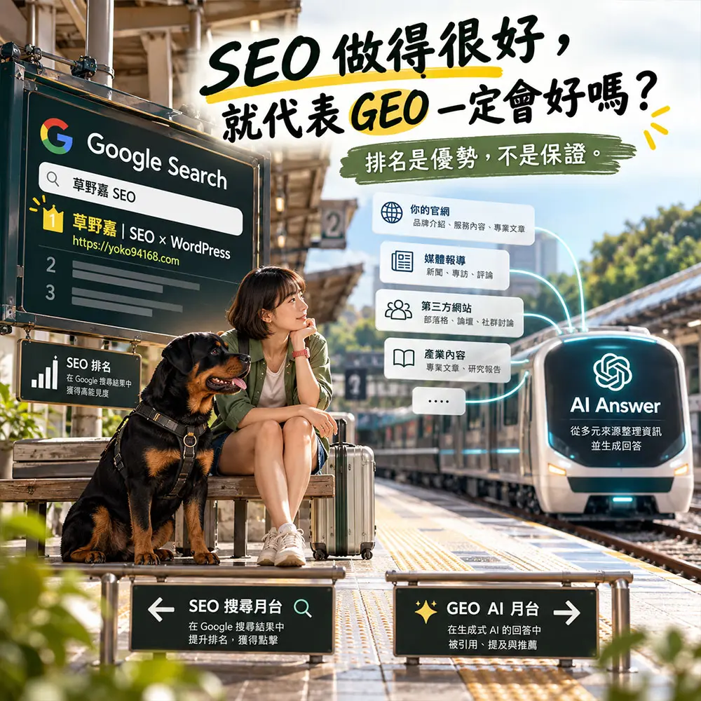 SEO還是GEO？草野嘉與羅威納犬在SEO搜尋月台與GEO生成式AI入口之間，說明SEO排名好不代表GEO一定好