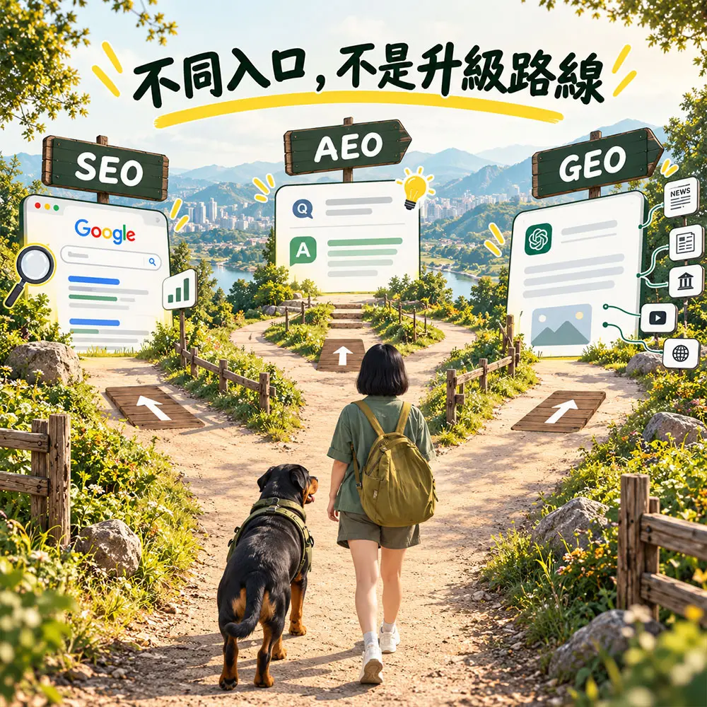 SEO還是GEO？草野嘉走向SEO、AEO與GEO不同資訊入口的概念圖